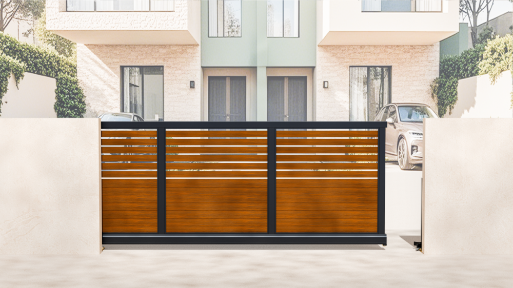 <strong>RMG 250 CGA 4.75M Black & Wood Effect Automatic Aluminium Driveway Sliding Gate</strong>